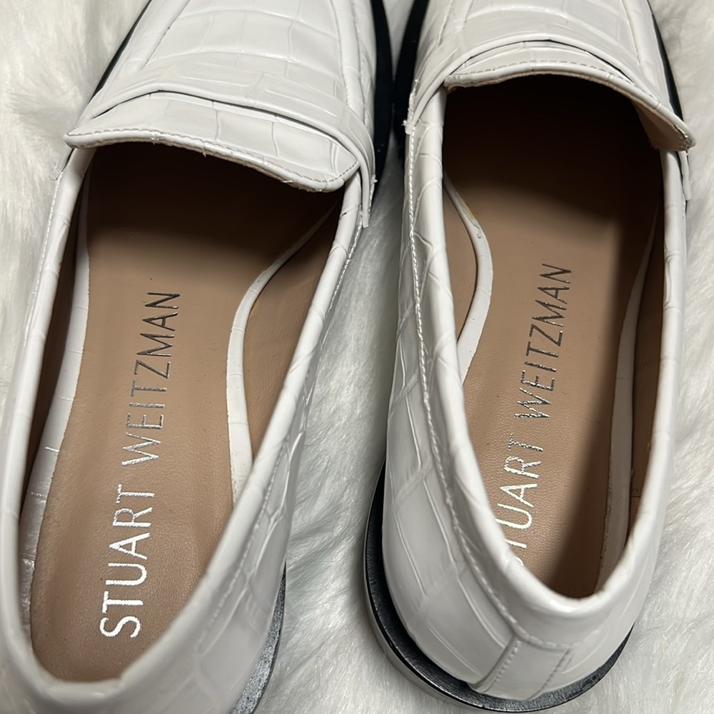 Stuart Weitzman White Croc-Embossed Leather Penny Loafers - Picture 6 of 9